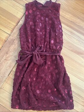 Sleeveless Burgundy Rosette Tie-Waist Dress